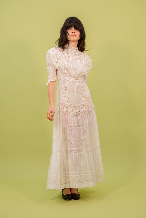 1910s Elaborate Lace Lawn Dress with Bauble Trim [xs/sm]