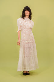 1910s Elaborate Lace Lawn Dress with Bauble Trim [xs/sm]