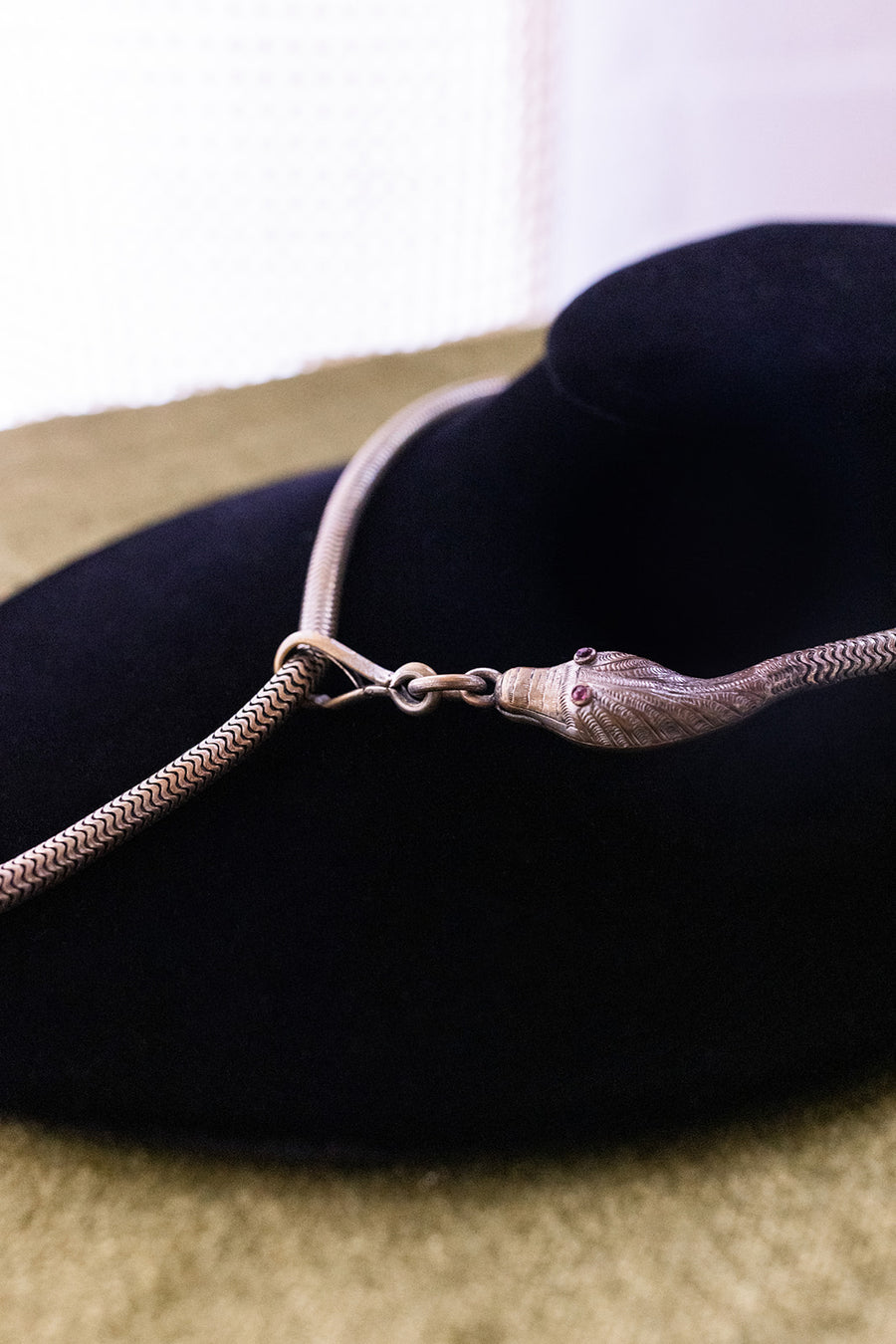1920s Silver Wash Brass Snake Lariat with Ruby Eyes