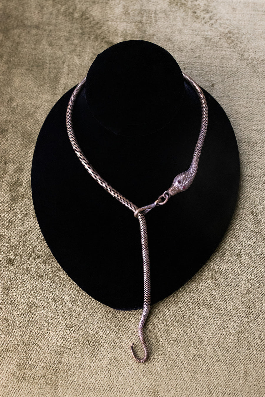 1920s Silver Wash Brass Snake Lariat with Ruby Eyes