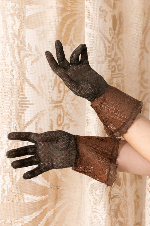 1930s Chocolate Mesh Sculptural Gauntlet Gloves