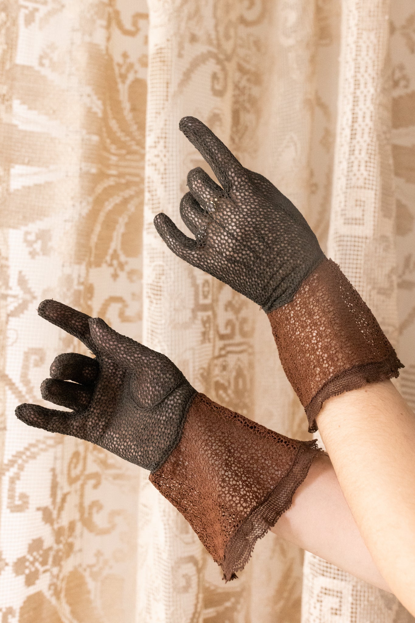 1930s Chocolate Mesh Sculptural Gauntlet Gloves