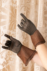 1930s Chocolate Mesh Sculptural Gauntlet Gloves