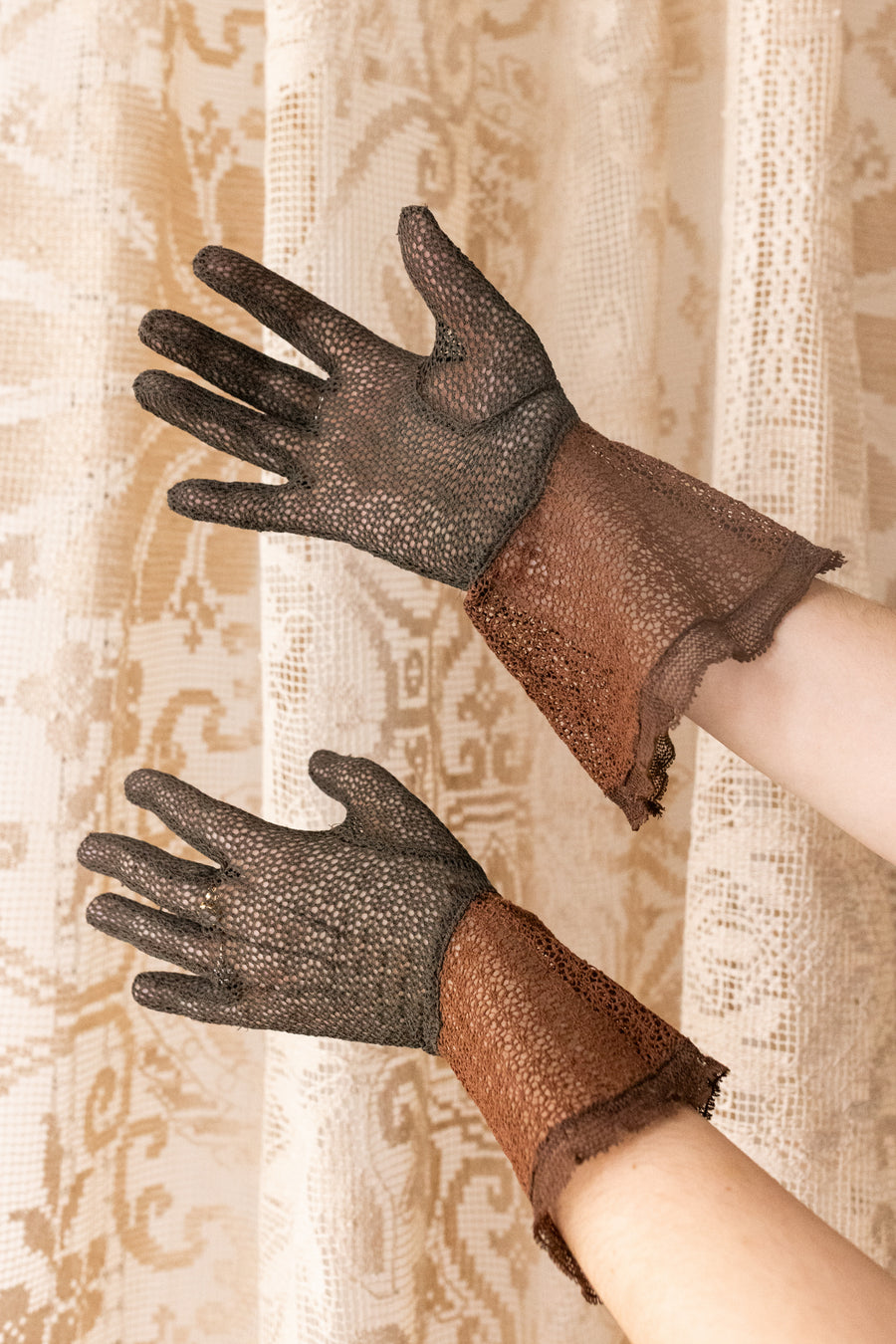 1930s Chocolate Mesh Sculptural Gauntlet Gloves