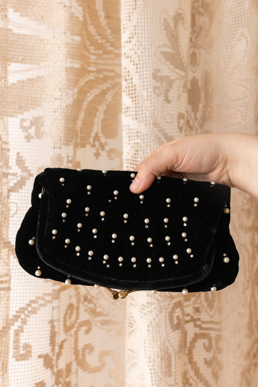 1940s Velvet Pearl + Rhinestone Clutch