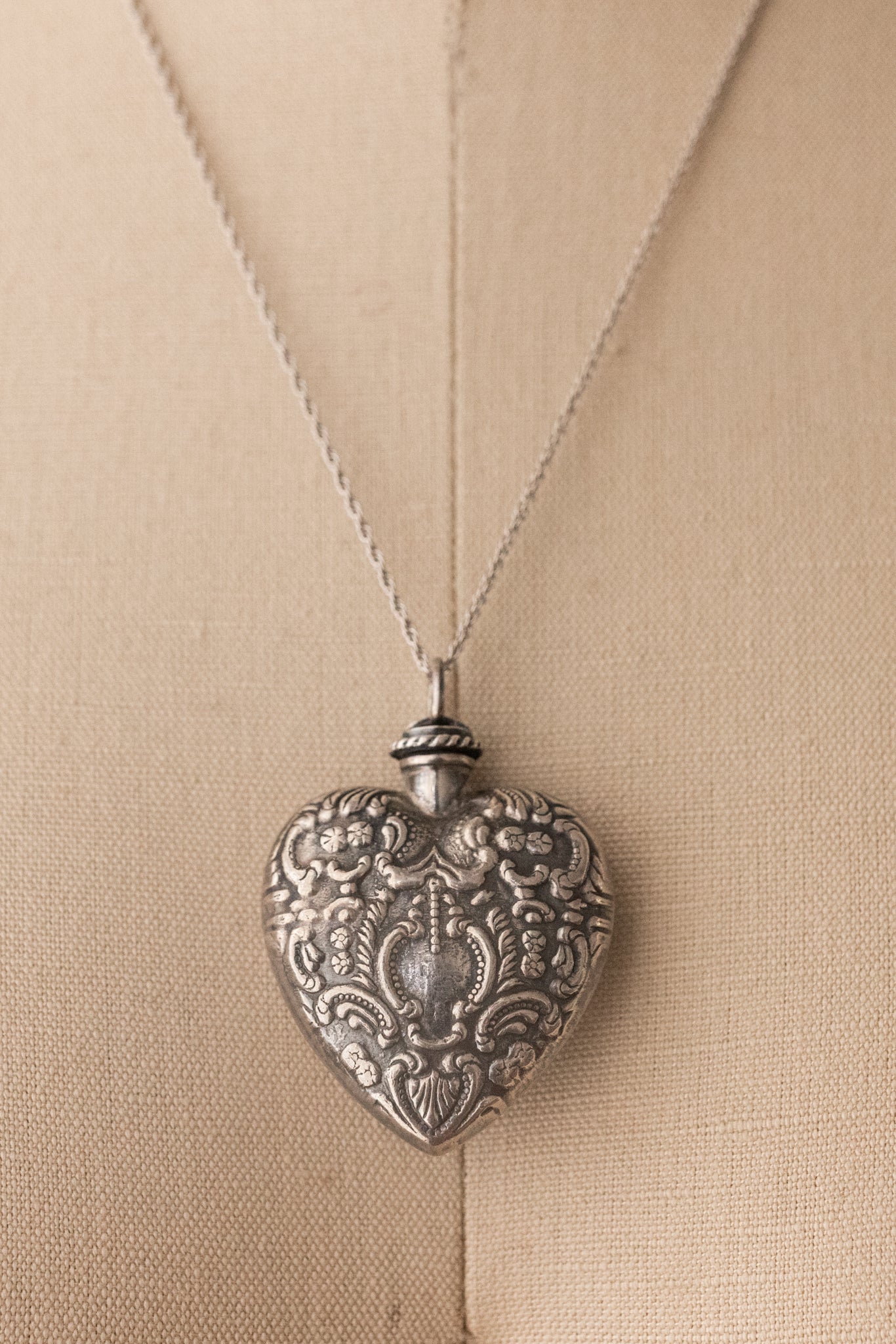 Edwardian Sterling Repoussé Heart Perfume Bottle Necklace