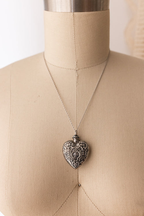 Edwardian Sterling Repoussé Heart Perfume Bottle Necklace
