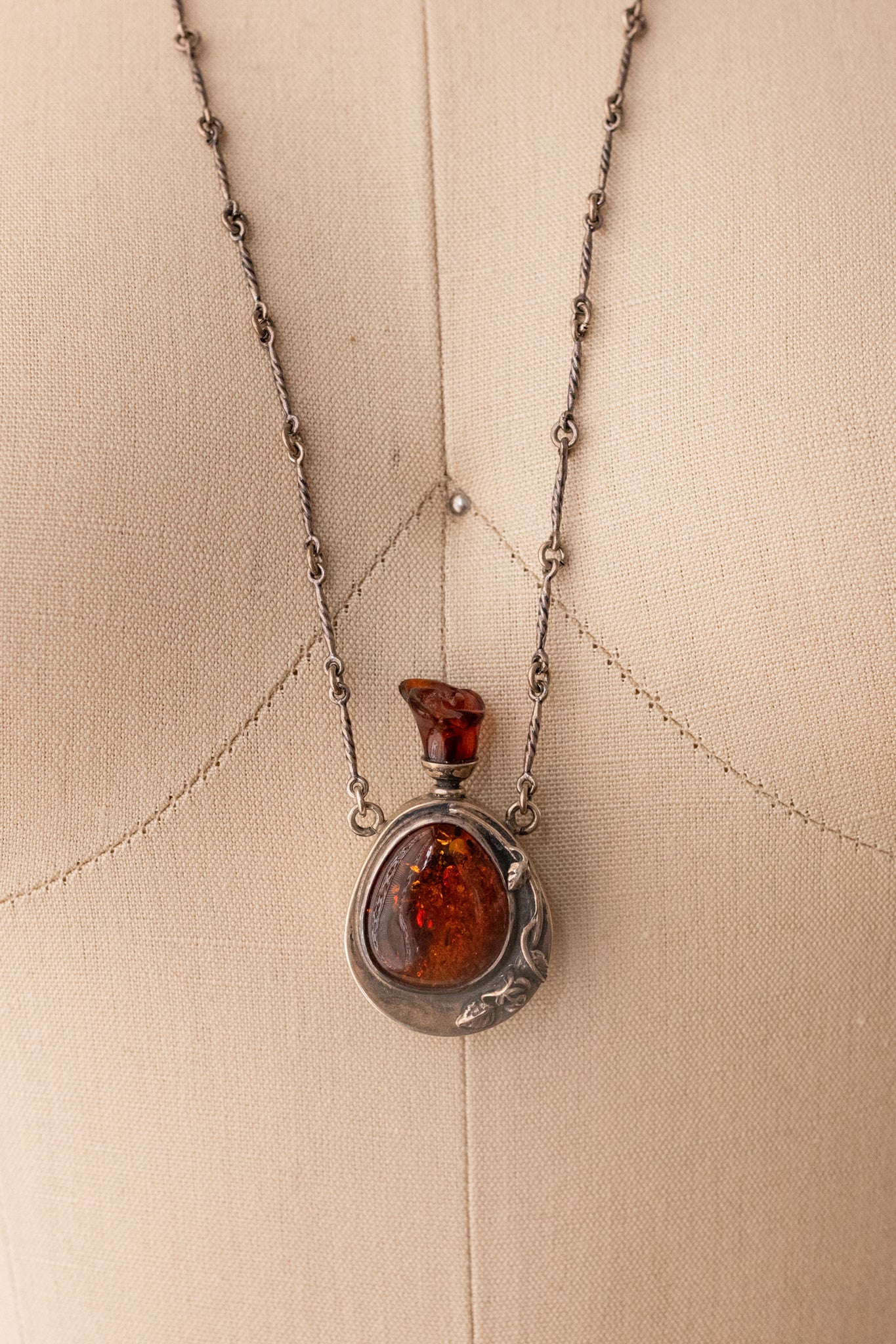 Handmade Sterling Amber Perfume Bottle Necklace