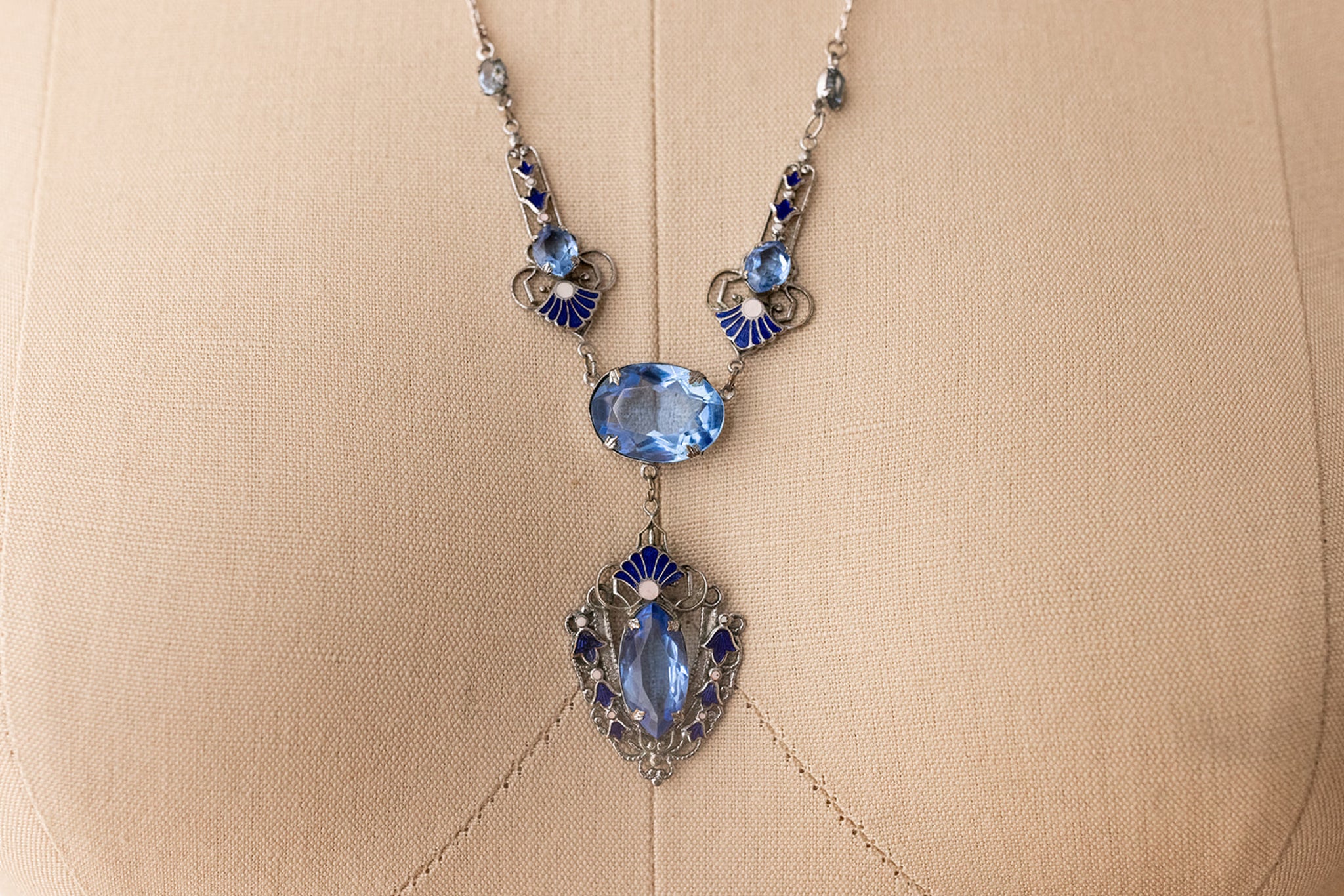 1920s Sterling Blue Paste + Enamel Necklace