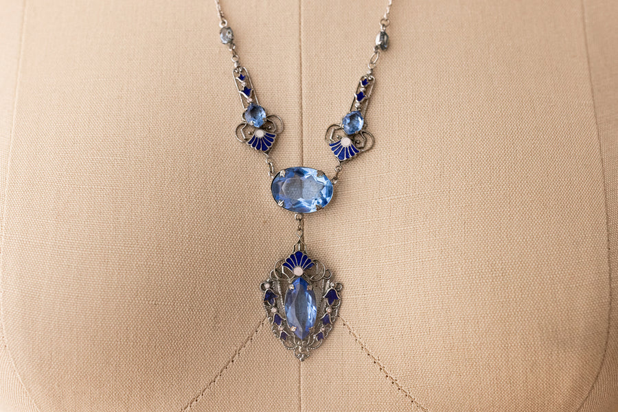 1920s Sterling Blue Paste + Enamel Necklace