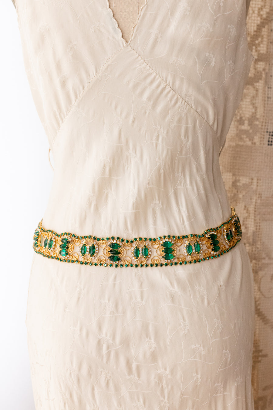 Midcentury Emerald Brass Rhinestone Belt