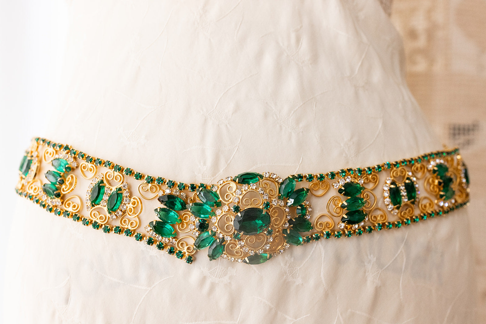 Midcentury Emerald Brass Rhinestone Belt