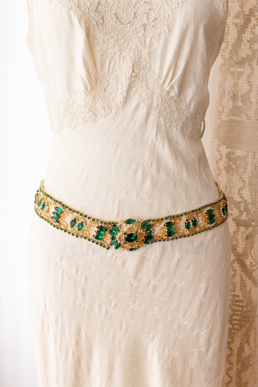 Midcentury Emerald Brass Rhinestone Belt
