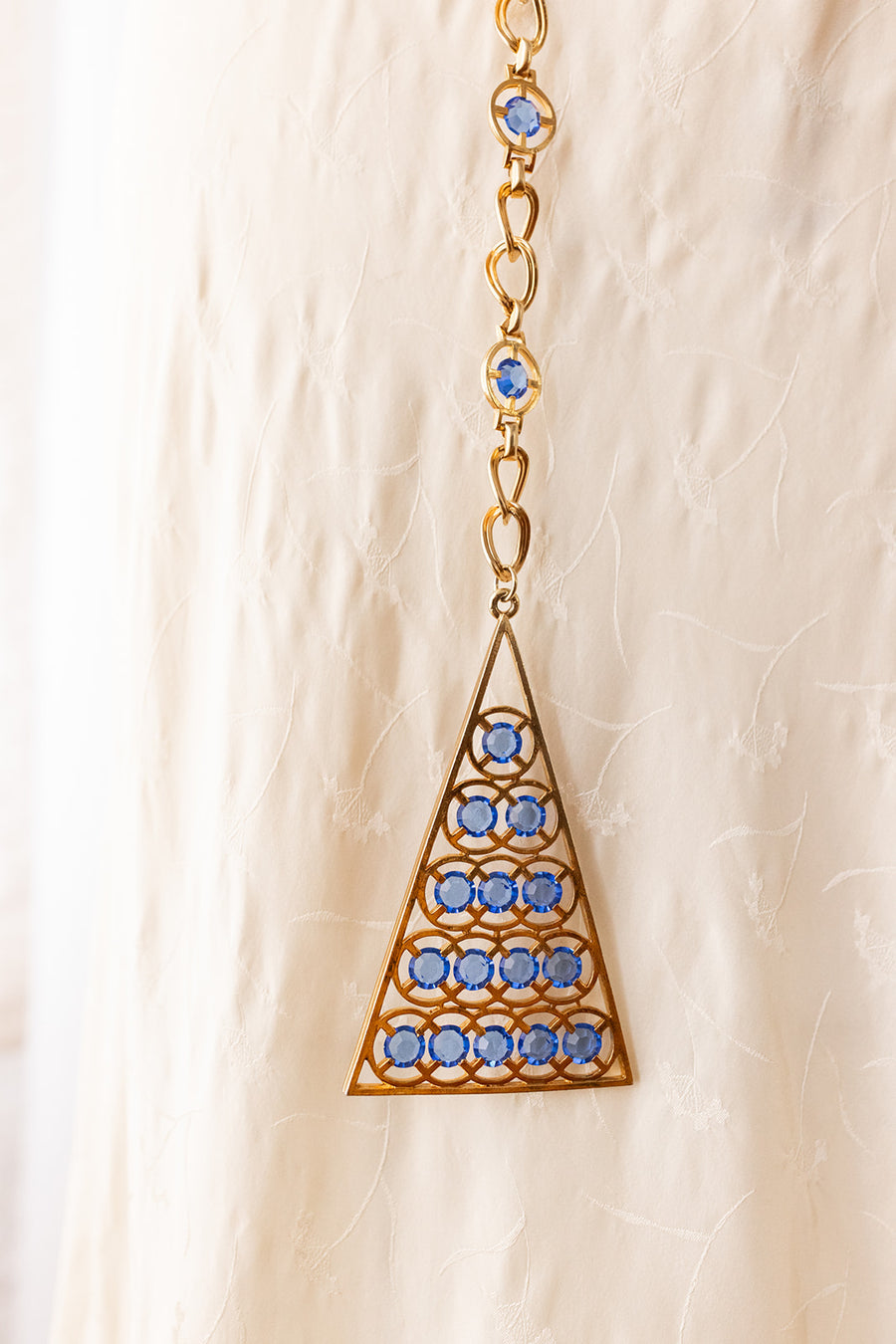 Midcentury Blue Rhinestone Brass Swag Belt