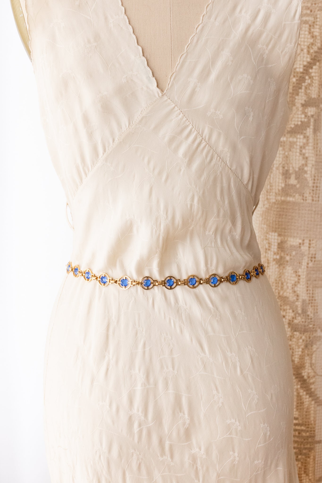 Midcentury Blue Rhinestone Brass Swag Belt