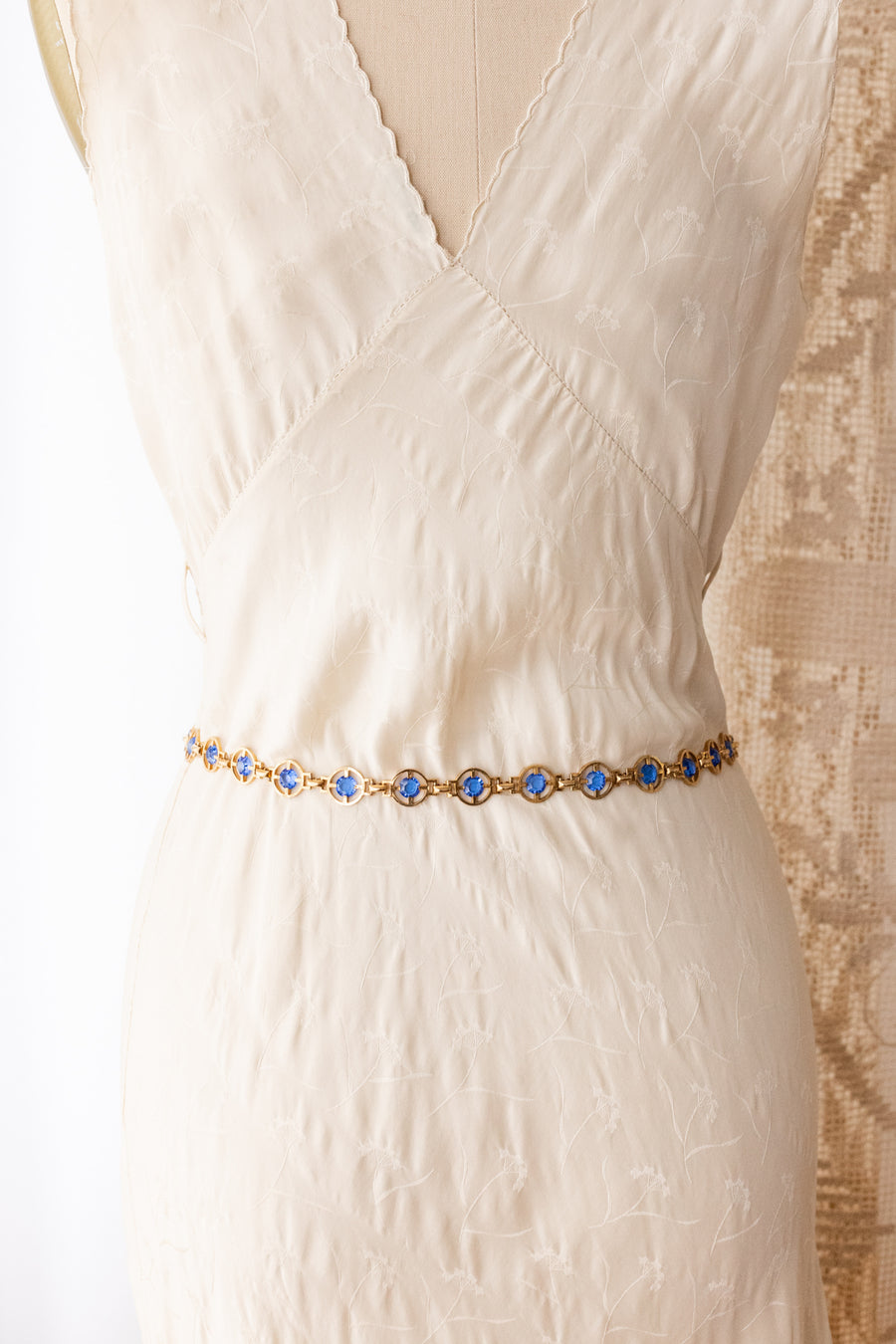 Midcentury Blue Rhinestone Brass Swag Belt