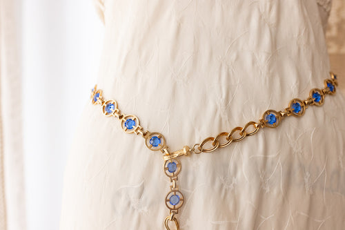 Midcentury Blue Rhinestone Brass Swag Belt