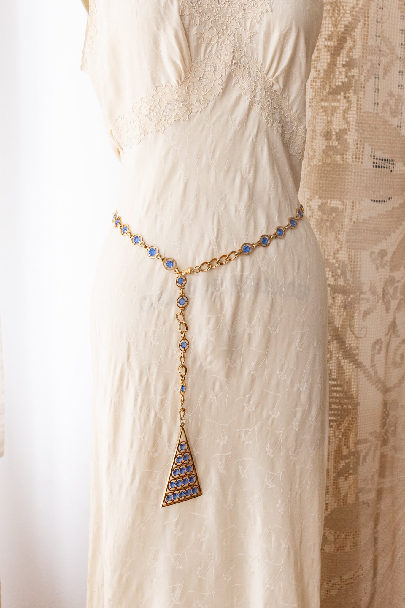 Midcentury Blue Rhinestone Brass Swag Belt