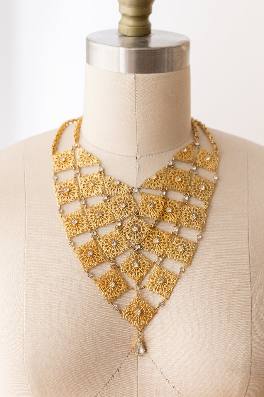 1940s Brass Filigree Rhinestone Bib Necklace