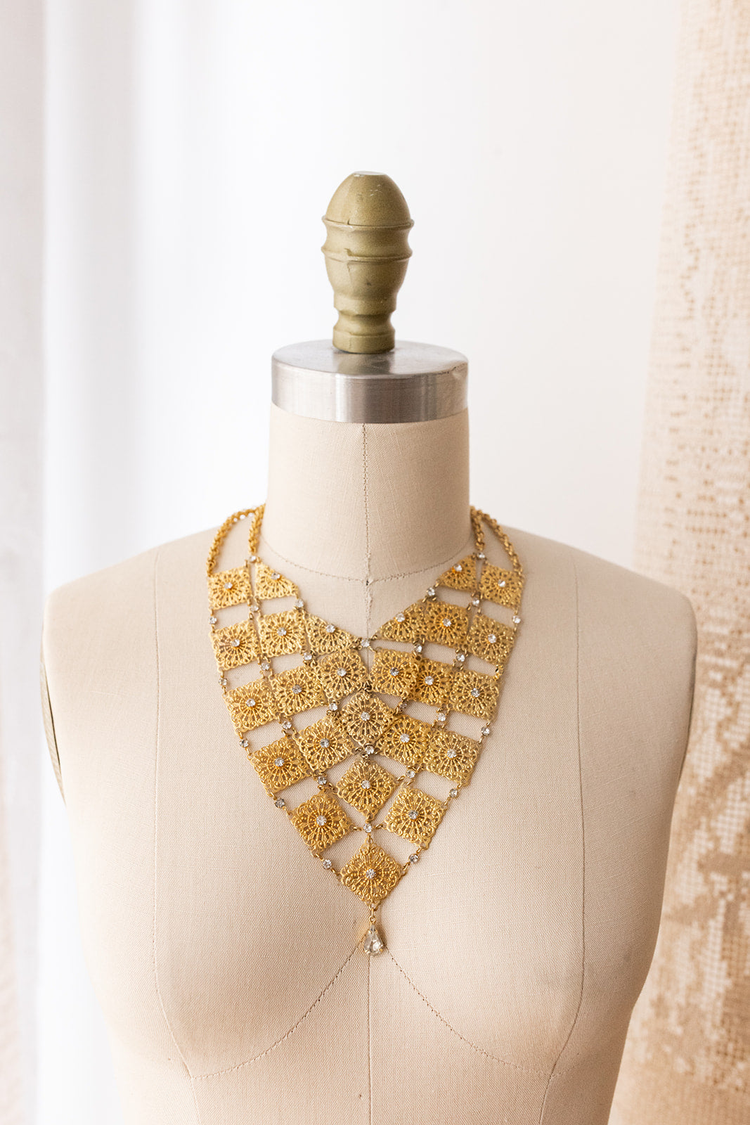 1940s Brass Filigree Rhinestone Bib Necklace
