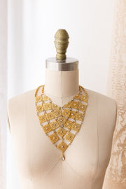 1940s Brass Filigree Rhinestone Bib Necklace