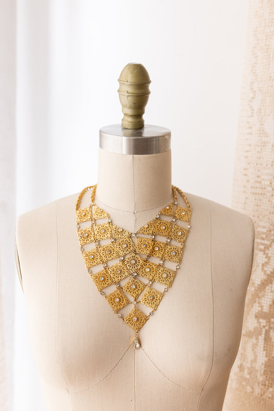 1940s Brass Filigree Rhinestone Bib Necklace