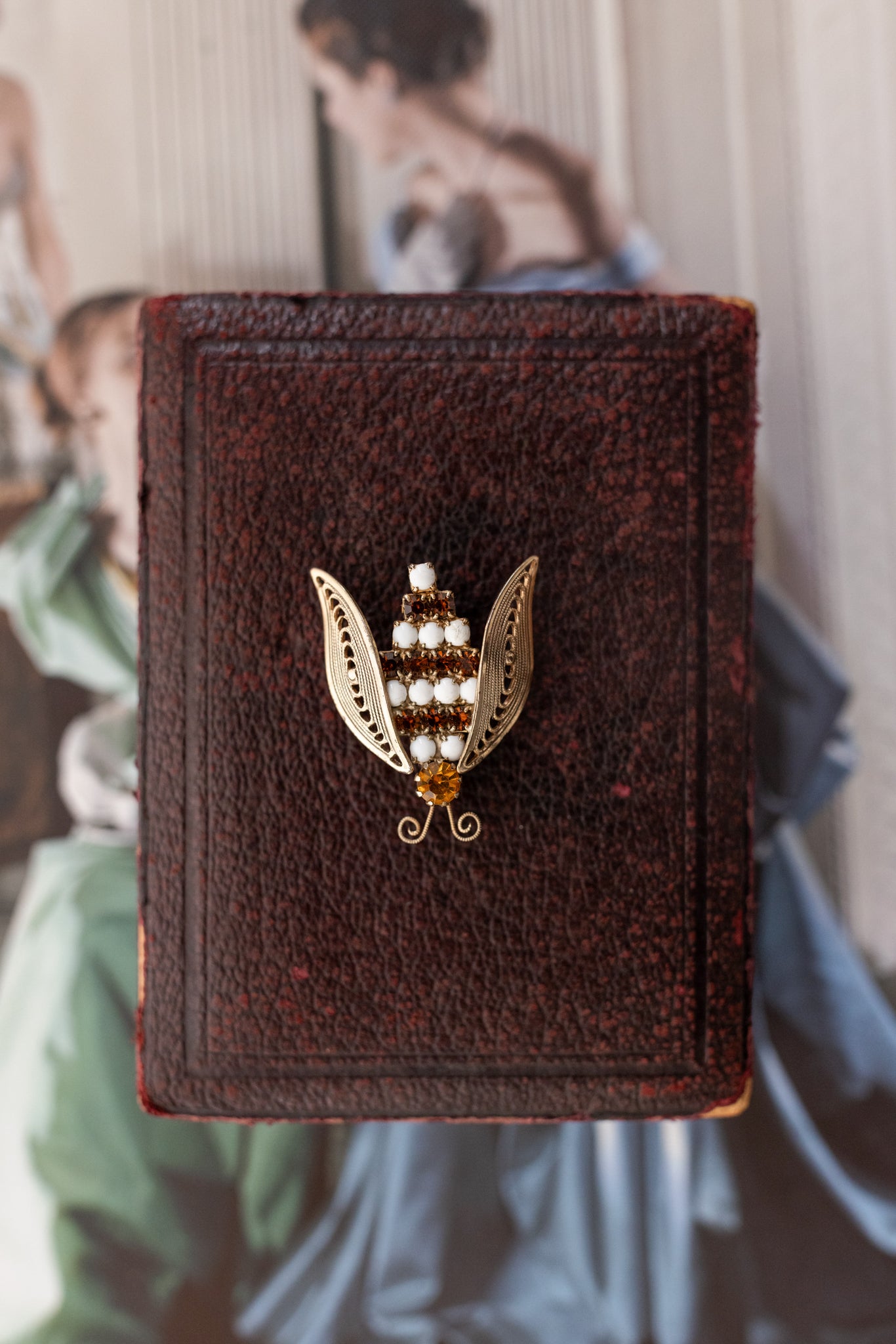 Midcentury Brass Rhinestone Bug Brooch