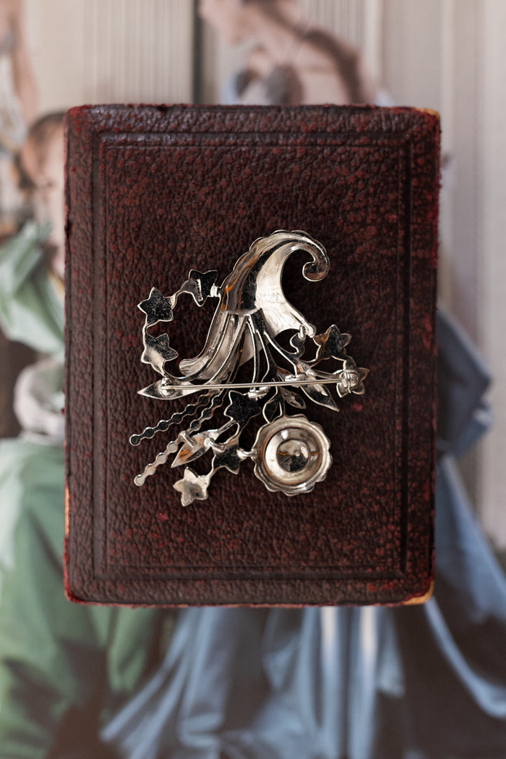 Art Deco Sterling Enamel + Marcasite Cornucopia Brooch