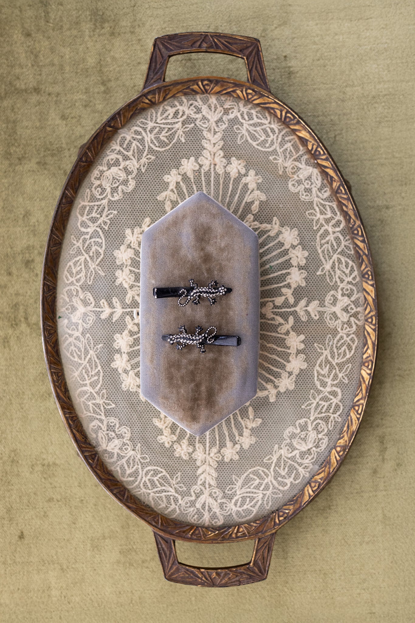 Midcentury Rhinestone Lizard Barrettes