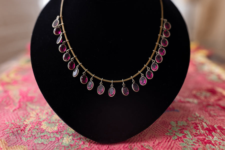 1920s Sterling + Brass Paste Fringe Necklace