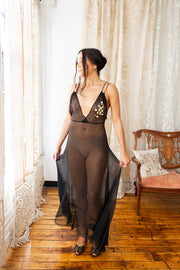 1930s Ink Silk Chiffon Appliqué Gown