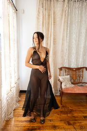 1930s Ink Silk Chiffon Appliqué Gown