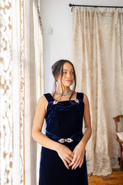 1930s Cobalt Silk Velvet Art Deco Wrap Gown