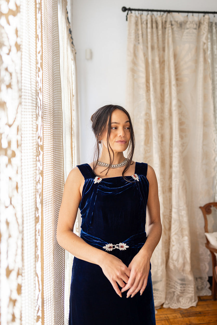 1930s Cobalt Silk Velvet Art Deco Wrap Gown