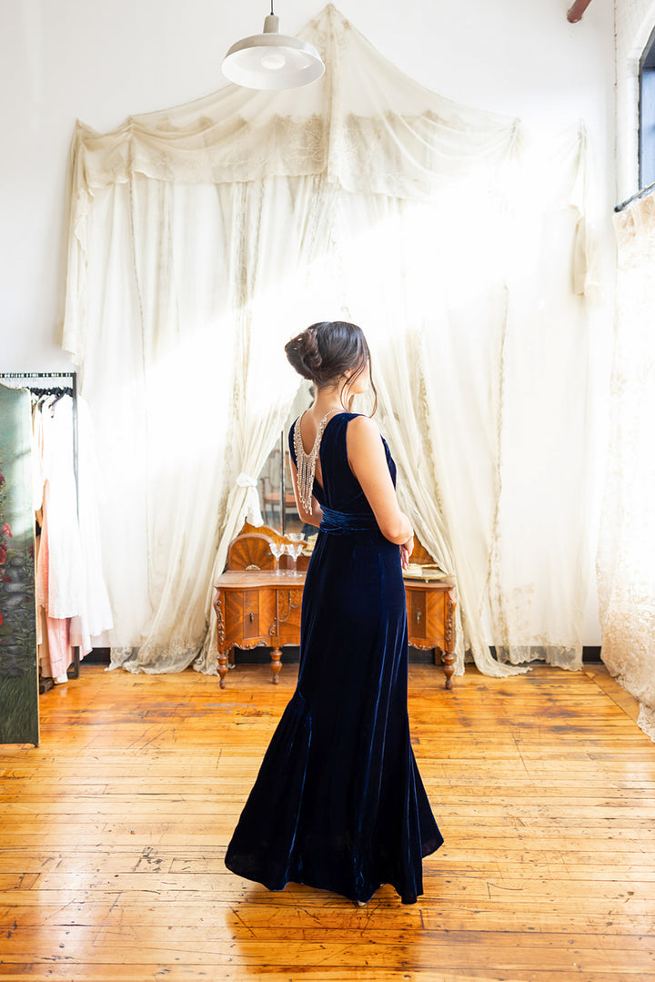 1930s Cobalt Silk Velvet Art Deco Wrap Gown