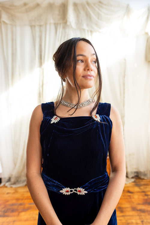 1930s Cobalt Silk Velvet Art Deco Wrap Gown