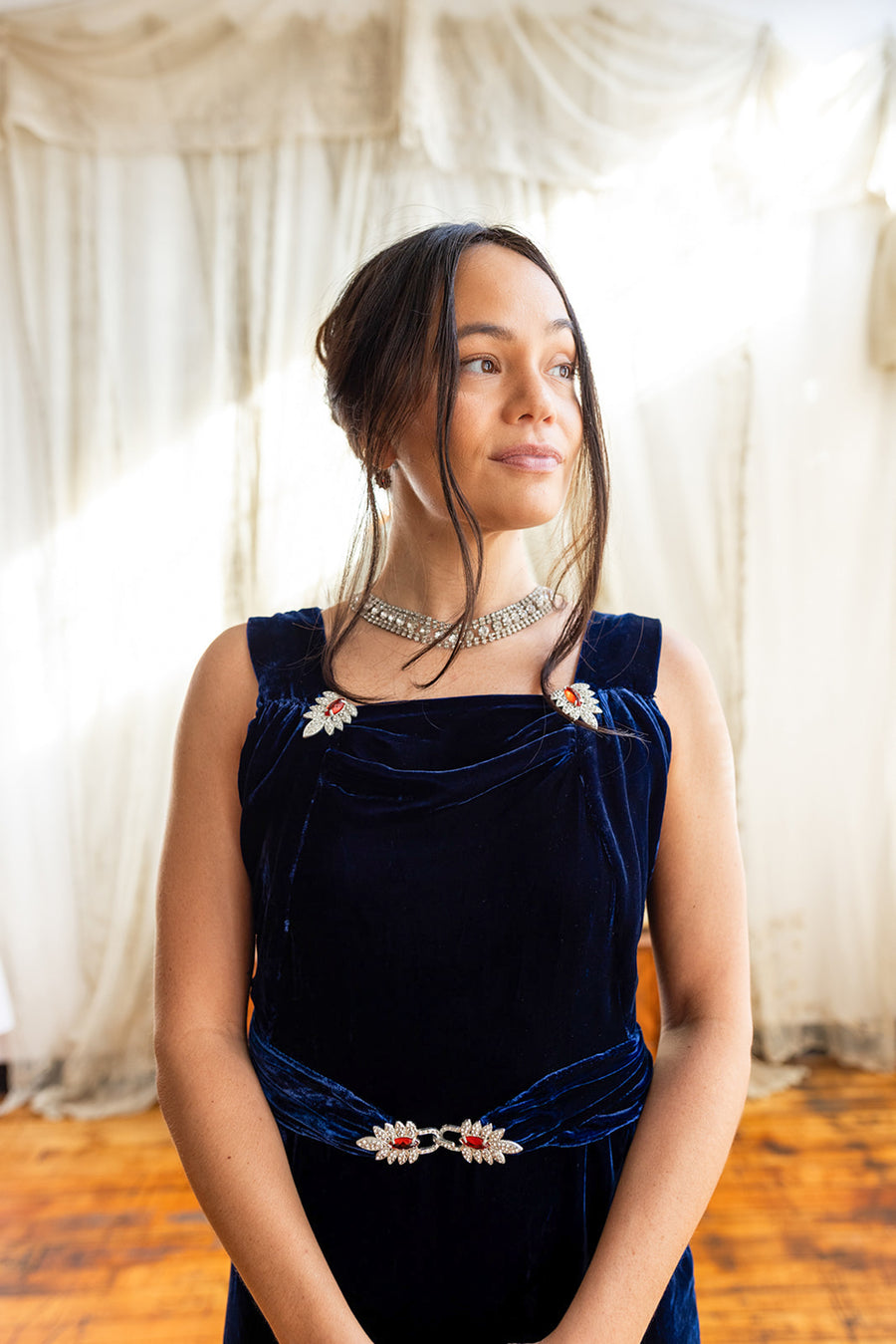 1930s Cobalt Silk Velvet Art Deco Wrap Gown