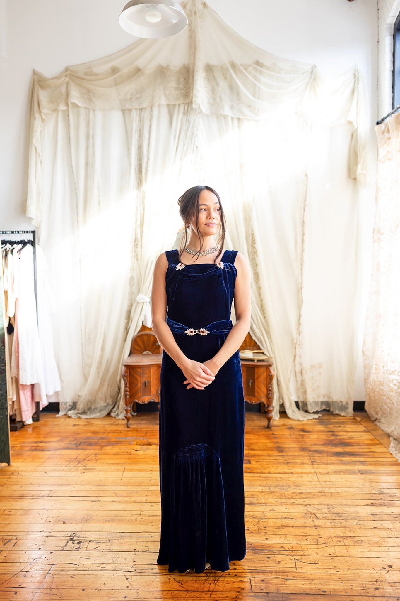 1930s Cobalt Silk Velvet Art Deco Wrap Gown