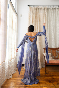 1930s Medieval Slate Blue Lamé Gown