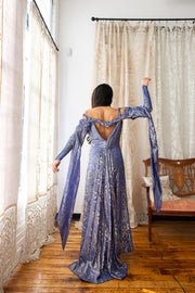 1930s Medieval Slate Blue Lamé Gown