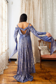 1930s Medieval Slate Blue Lamé Gown