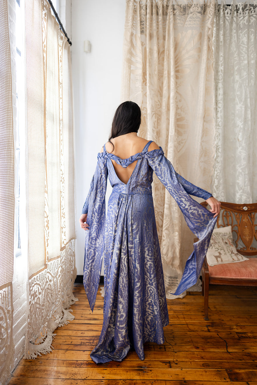 1930s Medieval Slate Blue Lamé Gown
