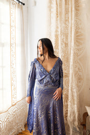 1930s Medieval Slate Blue Lamé Gown