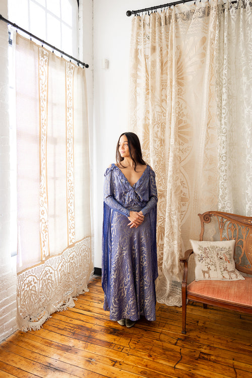 1930s Medieval Slate Blue Lamé Gown