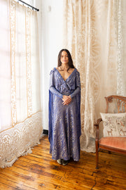 1930s Medieval Slate Blue Lamé Gown