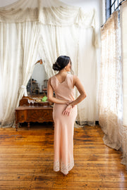 1930s Pastel Floral Lace Appliqué Bias Gown