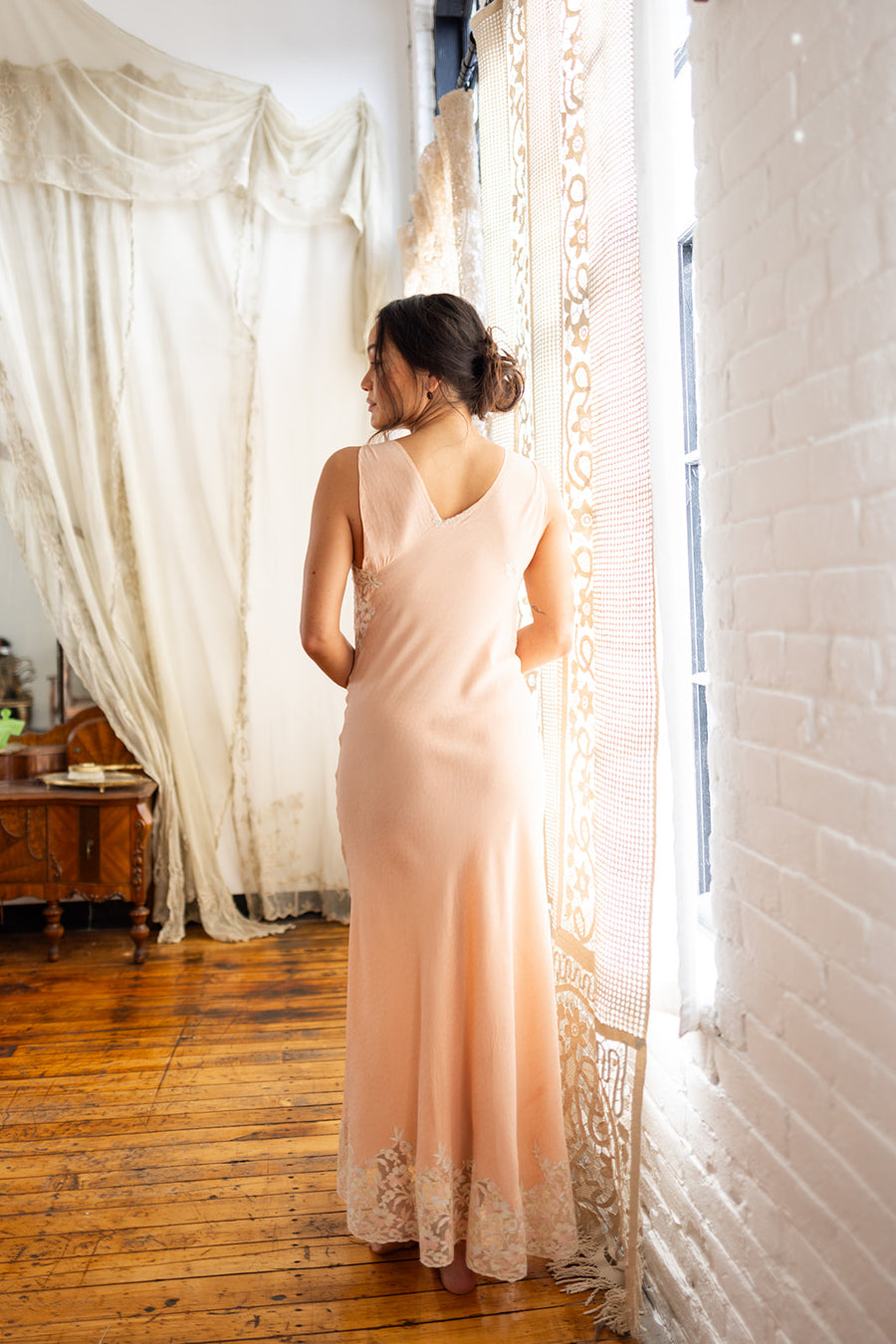 1930s Pastel Floral Lace Appliqué Bias Gown