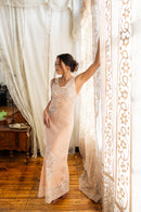 1930s Pastel Floral Lace Appliqué Bias Gown