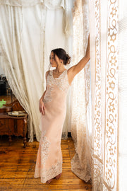 1930s Pastel Floral Lace Appliqué Bias Gown