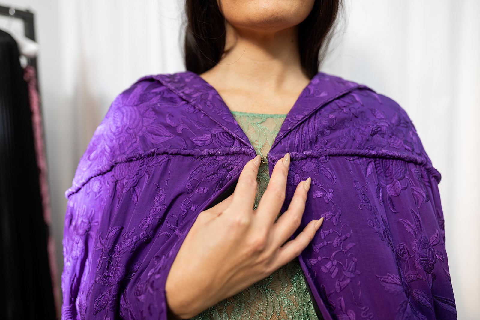 1920s Violet Silk Fringe Embroidered Cape